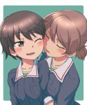  2girls blush border breasts brown_hair closed_eyes coffeenougat_1985 collarbone cuddling girls_und_panzer green_background highres isobe_noriko kawanishi_shinobu military military_uniform multiple_girls one_eye_closed ooarai_military_uniform open_mouth ponytail shiny shiny_hair short_hair simple_background small_breasts smile uniform white_border yuri 