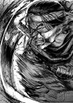  1boy clenched_teeth commentary_request furrowed_brow gesogeso ghost_of_tsushima greyscale headband highres katana male_focus mask monochrome mouth_mask ninja_mask sakai_jin scarf short_hair solo sword teeth veins weapon 