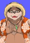  2022 anthro belly blue_background brown_body clothed clothing eyewear glasses hanakatsuo10 hat headgear headwear kemono lifewonders male mammal moobs open_clothing open_shirt open_topwear overweight overweight_male shirt simple_background solo straw_hat tokyo_afterschool_summoners topwear ursid video_games volos 