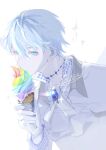  1boy artist_name ascot bangs blue_eyes blue_gemstone blue_hair blue_theme brooch byuey eating food gem gloves hair_between_eyes holding holding_food holding_ice_cream ice_cream ice_cream_cone jacket jewelry light_blue_hair male_focus original rainbow_ice_cream signature soft_serve solo white_ascot white_gloves white_jacket wislan_(byuey) 