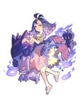  1girl acerola_(pokemon) armlet banette bangs blue_dress dress fire flip-flops flipped_hair floating gengar ghost_pose grey_dress hair_ornament hairclip looking_at_viewer marshadow marshadow_(gloom) medium_hair mimikyu multicolored_clothes multicolored_dress pokemon purple_fire purple_hair sandals short_sleeves smile starshadowmagician toes torn_clothes torn_dress 