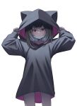  &gt;:) 1girl absurdres animal_hood black_hoodie brown_hair cat_hood highres hood hood_up hoodie long_hoodie long_sleeves no_pants original puffy_long_sleeves puffy_sleeves purple_eyes short_hair su_ha_ya v-shaped_eyebrows 