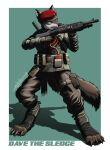  2017 anthro black_nose brown_body brown_fur canid clothed clothing dated fluffy fluffy_tail full-length_portrait fur green_background gun hat headgear headwear holding_object holding_shotgun holding_weapon male mammal mouth_closed narrowed_eyes portrait ranged_weapon red_clothing red_hat red_headwear shadow shotgun signature simple_background slash_freezen solo standing weapon white_body white_fur wide_stance 