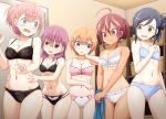  5girls ahoge black_bra black_panties blue_bra blue_eyes blue_hair blue_panties blush bokutachi_wa_benkyou_ga_dekinai bow bow_panties bra breasts cleavage furuhashi_fumino hair_up kirisu_mafuyu kominami_asumi long_hair mole mole_under_eye multiple_girls navel ogata_rizu open_mouth orange_eyes orange_hair panties pink_bra pink_eyes pink_hair pink_panties purple_hair red_eyes red_hair short_hair smile takemoto_uruka tan torso_grab underwear undressing vierosky white_bra white_panties 