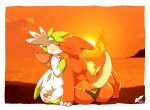  butt charmeleon clothing duo generation_1_pokemon generation_4_pokemon kissing legendary_pokemon male male/male moesouna_gomi nintendo pokemon pokemon_(species) shaymin sitting sky_forme_shaymin speedo sunset swimwear video_games 