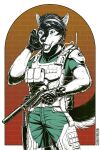  2:3 anthro artist_name blue_eyes bulletproof_vest canid canine canis cheek_tuft chin_tuft clothed clothing facial_tuft front_view glistening glistening_eyes gun hair handgun hi_res holding_gun holding_handgun holding_object holding_weapon male mammal open_mouth partially_colored portrait ranged_weapon shirt short_hair shoulder_pads simple_background slash_freezen solo standing t-shirt three-quarter_portrait topwear tuft weapon whiskers wolf 