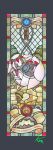  1girl claws closed_eyes commentary_request crown curled_up english_text extra_arms faputa fewer_digits highres keimura_(ksong) made_in_abyss monster_girl signature sleeping solo stained_glass white_fur white_hair 