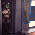  1girl absurdres against_wall alley animal_ears black_thighhighs blush boku_no_hero_academia breasts covered_nipples exhibitionism green_hair heart_maebari heart_pasties high_heels highres koohiitei_shinbo large_breasts long_hair maebari meme_attire navel pasties plant plant_hair poster_(object) public_indecency rabbit_ears reverse_bunnysuit reverse_outfit shiozaki_ibara solo standing stomach thighhighs toga_himiko trench_coat undressing very_long_hair vines 