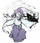  1girl akinomiya_asuka blue_ribbon champaign_of_unfinished_dreams colored_skin commentary_request detached_sleeves flat_chest japanese_clothes kadenokouji_mizuho medium_hair origami paper_crane purple_eyes purple_hair purple_skirt ribbon shirt simple_background sketch skirt sleeves_past_fingers sleeves_past_wrists solo touhou white_background white_shirt white_skin white_sleeves 