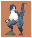  4_fingers 4_toes absurd_res anthro arttukorppu big_breasts breasts brown_background claws dinosaur dromaeosaurid fangs feet female fingers fingers_claws green_nipples grin hanging_breasts hi_res long_claws looking_at_viewer nipples nude reptile rock scalie simple_background smile solo striped_body stripes theropod thick_thighs toe_claws toes 