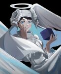  1girl absurdres angel angel_wings black_background black_clover black_hair blue_eyes cross cube curled_horns facial_mark habit halo highres holding_cube horns mole nun poonwip robe sister_lily smile solo white_halo white_robe wings 