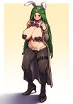  1girl absurdres animal_ears black_thighhighs blush boku_no_hero_academia breasts covered_nipples green_hair heart_maebari heart_pasties high_heels highres koohiitei_shinbo large_breasts long_hair maebari meme_attire navel pasties plant plant_hair rabbit_ears reverse_bunnysuit reverse_outfit shiozaki_ibara solo standing stomach thighhighs trench_coat undressing very_long_hair vines 