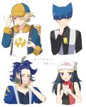  1girl 3boys adaman_(pokemon) backpack bag bangs beanie black_hair black_shirt blonde_hair blue_coat blue_hair blunt_bangs blush brown_bag coat collar collarbone commentary_request dawn_(pokemon) eyebrow_cut grey_eyes hair_ornament hairclip hand_on_headwear hand_up hat highres jumpsuit logo long_hair long_sleeves multiple_boys ohn_pkmn open_mouth poke_ball_print pokemon pokemon_(game) pokemon_dppt pokemon_legends:_arceus ponytail red_scarf saturn_(pokemon) scarf shirt short_hair sleeveless sleeveless_shirt smile sweatdrop translation_request two_side_up vest volo_(pokemon) white_headwear yellow_headwear 