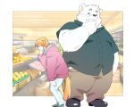  2022 anthro belly big_belly bottomwear canid canine canis clothing domestic_dog duo hi_res humanoid_hands inside inunoshippo kemono male mammal overweight overweight_male pants shirt sweater topwear 