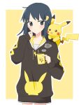  1girl bangs black_hair blush border character_print closed_mouth commentary_request cup dawn_(pokemon) eyelashes grey_eyes hair_ornament hairclip highres holding holding_cup hood hoodie long_hair mug ohn_pkmn on_shoulder outline pikachu pokemon pokemon_(creature) pokemon_(game) pokemon_bdsp pokemon_on_shoulder steam white_border yellow_background 