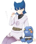  1girl arm_support bangs black_shirt blue_eyes blue_hair blunt_bangs blush closed_mouth coin_(pokemon) commentary_request croagunk hand_up highres jacket long_sleeves ohn_pkmn pantyhose pearl_clan_outfit pokemon pokemon_(creature) pokemon_(game) pokemon_legends:_arceus purple_pantyhose shirt sitting skirt translation_request white_background white_jacket white_skirt 