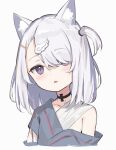  1girl animal_ear_fluff animal_ears bandaged_chest bandages cat_ears cat_girl highres medium_hair off_shoulder one_side_up original parted_lips purple_eyes satou_(3366_s) white_hair wing_hair_ornament 