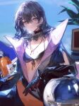  1girl aona_(ns) bikini black_bikini black_hair breasts choker collar commentary diving_helmet diving_suit girls&#039;_frontline girls&#039;_frontline_neural_cloud gloves hair_ornament hairclip hatsuchiri_(girls&#039;_frontline_nc) helmet jewelry key_necklace metal_collar mole mole_on_breast mole_under_eye necklace open_clothes orange_eyes oxygen_tank sky small_breasts solo swimsuit symbol-only_commentary upper_body wet wet_hair 