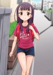  1girl backpack bag black_hair blue_shorts blush brown_eyes hidaka_toworu long_hair original outdoors print_shirt purple_shirt randoseru shirt short_shorts short_sleeves shorts smile solo thighs 