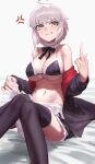  1girl ahoge anger_vein bangs bare_shoulders bikini black_bow black_bowtie black_jacket black_thighhighs blush bow bowtie breasts chorogon cleavage clenched_teeth detached_collar fate/grand_order fate_(series) feet_out_of_frame grey_hair hand_up highres jacket jeanne_d&#039;arc_alter_(fate) large_breasts long_sleeves maid middle_finger navel off_shoulder red_jacket shiny shiny_hair short_hair sitting solo stomach swimsuit teeth thighhighs yellow_eyes 