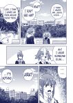  aira_kokonatsu anthro backpack canid canine canis clothed clothing comic domestic_dog duo english_text female fully_clothed hi_res human male mammal monochrome open_mouth park plant popwitter_ox senri_ooedo text translated tree 