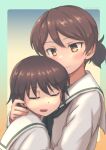  2girls blush brown_eyes brown_hair closed_eyes closed_mouth coffeenougat_1985 girls_und_panzer highres hug isobe_noriko kawanishi_shinobu looking_at_another multiple_girls ooarai_school_uniform open_mouth ponytail school_uniform shiny shiny_hair short_hair simple_background smile yuri 