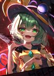  1girl :d absurdres black_headwear blood blood_on_knife collarbone dfra fang green_eyes green_hair hat hat_ribbon heart heart-shaped_pupils highres holding holding_knife knife komeiji_koishi looking_at_viewer open_mouth ribbon short_hair skin_fang smile solo symbol-shaped_pupils touhou yellow_ribbon 