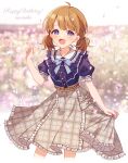  1girl ahoge bangs belted_skirt blue_bow blue_bowtie blue_shirt blurry blurry_background blush border bow bowtie brown_hair brown_skirt buttons character_name checkered_clothes checkered_skirt collar commentary falling_petals female_child floral_background frilled_collar frilled_shirt frilled_skirt frilled_sleeves frills hand_up happy_birthday highres idolmaster idolmaster_million_live! idolmaster_million_live!_theater_days konase_(non_stop!) looking_at_viewer official_alternate_costume official_alternate_hairstyle open_mouth petals puffy_short_sleeves puffy_sleeves shirt short_hair short_sleeves short_twintails skirt smile solo suou_momoko twintails twitter_username white_border white_collar 
