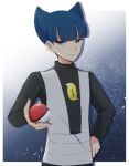  1boy bangs black_shirt blue_eyes blue_hair blunt_bangs border closed_mouth commentary_request grey_vest hand_on_hip holding holding_poke_ball logo long_sleeves looking_at_viewer male_focus ohn_pkmn poke_ball poke_ball_(basic) pokemon pokemon_(game) pokemon_dppt saturn_(pokemon) shirt short_hair smile solo team_galactic two_side_up vest white_border 