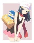  1girl bag beanie black_hair black_shirt blush bracelet closed_mouth commentary_request dawn_(pokemon) duffel_bag grey_eyes hair_ornament hairclip hat highres jewelry leaning_forward long_hair ohn_pkmn own_hands_together pink_skirt piplup poke_ball_print pokemon pokemon_(creature) pokemon_(game) pokemon_dppt red_scarf scarf shirt skirt sleeveless sleeveless_shirt white_headwear yellow_bag 