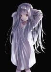  1girl absurdres adjusting_hair black_background grey_hair hands_in_hair highres long_hair long_sleeves mouth_hold naked_shirt original oversized_clothes oversized_shirt red_eyes see-through_silhouette shirt su_ha_ya very_long_hair white_hair white_shirt 