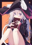  1girl absurdres animal_ear_fluff animal_ears black_robe book cat_ears cat_girl cat_tail covered_mouth ears_through_headwear hat highres holding holding_book long_hair looking_at_viewer original purple_eyes robe sitting su_ha_ya tail white_hair wide_sleeves witch witch_hat 