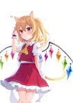  1girl absurdres animal_ear_fluff animal_ears arm_up ascot back_bow bangs blonde_hair bow breasts cat_ears cat_tail closed_mouth collared_shirt commentary_request crystal flandre_scarlet frills gem grey_bow grey_shirt hair_between_eyes hand_up highres looking_to_the_side multicolored_wings no_headwear one_side_up puffy_short_sleeves puffy_sleeves red_eyes red_skirt red_vest shirt short_hair short_sleeves simple_background skirt skirt_set small_breasts solo tail touhou vest white_background wings wrist_cuffs yada_(xxxadaman) yellow_ascot 