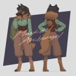  anthro barefoot bottomwear brown_body brown_bottomwear brown_clothing brown_eyes brown_fur brown_hair brown_pants canid canine canis clothed clothing dark_body dark_fur dark_hair digitigrade domestic_dog eyelashes feet female front_view fur gabriel_(maskedarchangel) green_clothing green_shirt green_topwear grey_background hair hand_on_hip hi_res looking_at_viewer mammal maskedarchangel pants rear_view shirt simple_background solo topwear 