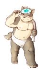  1boy absurdres animal_ears arange_(youhei79384157) bara brown_eyes brown_fur closed_mouth commentary_request dog_boy dog_ears dog_tail full_body furry furry_male hand_fan hatching_(texture) highres holding holding_fan holding_towel large_pectorals linear_hatching male_focus moritaka_(housamo) muscular muscular_male nipples official_alternate_costume pectorals plump scar scar_on_face sharp_toenails simple_background smile solo tail thick_eyebrows toenails tokyo_afterschool_summoners topless_male towel towel_around_waist walking white_background 