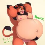  absurd_res anthro balls belly big_belly black_hair bloated disney felid fur genitals hair hands_behind_head hi_res lion male mammal muscular muscular_male orange_body orange_fur overweight overweight_male pantherine penis rumbling_stomach scar_(the_lion_king) solo strongfat the_lion_king tongue tongue_out voyagersscrapbook 