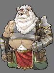  2022 anthro armor beard belly big_belly blue_eyes eyewear facial_hair glasses hi_res humanoid_hands kemono male mammal mature_male mustache navel one_eye_closed overweight overweight_male scar simple_background solo ursid wink yazoe 
