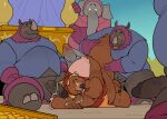  2022 after_sex anthro balls brown_body clothed clothing crossdressing detailed_background disney elephant elephantid genitals grey_body group hi_res kemono little_john male male/male mammal outside overweight overweight_male penis proboscidean quanjiang rhinocerotoid robin_hood_(disney) sex sitting ursid 