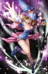  1girl blonde_hair blue_eyes blue_footwear blue_headwear breasts cleavage dark_magician_girl duel_monster hat hexagram highres kaede_nagisa large_breasts long_hair looking_at_viewer open_mouth pentagram staff tsukishiro_saika wand wizard_hat yu-gi-oh! 