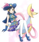  1girl bangs black_hair blue_footwear blue_gloves blue_headwear blush closed_mouth commentary_request cresselia dawn_(pokemon) dawn_(sygna_suit)_(pokemon) gloves green_vest grey_eyes hair_ornament hairclip hand_up hat hat_ribbon highres index_finger_raised official_alternate_costume ohn_pkmn pantyhose pokemon pokemon_(creature) pokemon_(game) pokemon_masters_ex purple_ribbon purple_skirt ribbon shoes skirt smile vest white_pantyhose 