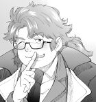  1boy blush coat collared_shirt commentary_request finger_to_mouth formal glasses grey_background greyscale grin hatching_(texture) jacket lapels licht_(housamo) linear_hatching looking_at_viewer low_ponytail male_focus medium_hair monochrome necktie notched_lapels one_eye_closed satou_shouhei screentones semi-rimless_eyewear shirt shushing smile tokyo_afterschool_summoners upper_body 