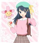  1girl :d backpack bag bangs belt black_hair blush brown_bag brown_belt brown_skirt cherrim cherrim_(sunshine) collared_shirt commentary_request dawn_(pokemon) green_headwear hair_ornament hairclip hands_up hat hat_ribbon holding holding_poke_ball long_hair ohn_pkmn open_mouth pink_sweater poke_ball poke_ball_(basic) pokemon pokemon_(creature) pokemon_(game) pokemon_bdsp ribbon shirt skirt smile sweater white_shirt yellow_ribbon 
