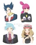  2boys 2girls bangs black_hair black_shirt blue_eyes blush brown_hair closed_mouth collared_shirt commentary_request eyewear_on_headwear flying_sweatdrops grimsley_(pokemon) hand_up hat highres jacket jewelry jupiter_(pokemon) logo long_hair long_sleeves multiple_boys multiple_girls necktie ohn_pkmn pink_headwear pointy_hair pokemon pokemon_(game) pokemon_bw pokemon_dppt pokemon_oras pokemon_xy purple_hair red_necktie ring scarf serena_(pokemon) shirt short_hair simple_background sleeveless sleeveless_shirt smile steven_stone sunglasses sweatdrop translation_request vest white-framed_eyewear white_background white_shirt yellow_scarf 