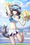  1girl absurdres animal_ears armpits black_hair black_panties blue_archive blue_eyes blue_skirt blue_sky blush breasts character_name cheerleader cleavage cloud commentary_request day dog_ears dog_girl dog_tail eyewear_on_head halo hibiki_(blue_archive) hibiki_(cheerleader)_(blue_archive) highres holding holding_pom_poms kanova looking_at_viewer medium_breasts medium_hair midriff navel official_alternate_costume open_mouth outdoors panties pom_pom_(cheerleading) shoes skirt sky sneakers solo stadium standing standing_on_one_leg sunglasses tail thighs two-tone_skirt underwear white_footwear white_skirt 