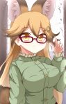  animal_ears blush brown_hair casual collar commentary_request extra_ears ezo_red_fox_(kemono_friends) fox_ears fox_girl frilled_collar frilled_sleeves frills glasses green_sweater hair_ornament hairclip hand_on_eyewear hata_(user_ehfr2334) highres kemono_friends kemono_friends_3 long_hair long_sleeves looking_at_viewer multicolored_hair official_alternate_costume orange_eyes orange_hair red-framed_eyewear sweater upper_body 