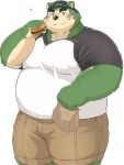  anthro blush burger canid canine canis clothing domestic_dog eyebrows food fur green_body green_fur hat headgear headwear hi_res lifewonders live-a-hero looking_at_viewer male mammal metaporin mokdai overweight solo thick_eyebrows video_games 