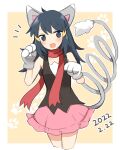  1girl :d bangs black_hair black_shirt blush border cat_girl commentary_request cowlick dated dawn_(pokemon) grey_eyes hair_ornament hairclip highres long_hair looking_at_viewer notice_lines ohn_pkmn open_mouth paw_print pink_skirt pokemon pokemon_(game) pokemon_dppt pokemon_ears pokemon_tail red_scarf scarf shirt skirt sleeveless sleeveless_shirt smile solo tail white_border 