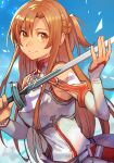  1girl asuna_(sao) asymmetrical_bangs bangs bare_shoulders braid brown_eyes brown_hair detached_sleeves dress fantasy hair_between_eyes holding holding_sword holding_weapon hungry_clicker knights_of_blood_uniform_(sao) lambent_light long_hair long_sleeves looking_to_the_side parted_lips rapier short_ponytail simple_background sleeveless sleeveless_dress smile solo sword sword_art_online upper_body weapon white_dress white_sleeves 