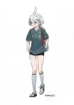  1girl alternate_costume bag bangs bike_shorts black_shorts commentary full_body green_eyes green_hair green_shirt grey_eyes grey_footwear grey_socks gundam gundam_suisei_no_majo hair_between_eyes handbag highres jewelry korean_commentary long_hair miorine_rembran mwoji necklace shirt shoes short_sleeves shorts simple_background sneakers socks solo very_long_hair white_background 