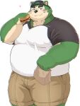  &lt;3 2022 anthro belly big_belly black_nose blush bottomwear burger canid canine canis clothing domestic_dog food green_body hat headgear headwear hi_res humanoid_hands kemono lifewonders live-a-hero male mammal metaporin mokdai moobs overweight overweight_male shirt shorts solo topwear video_games 